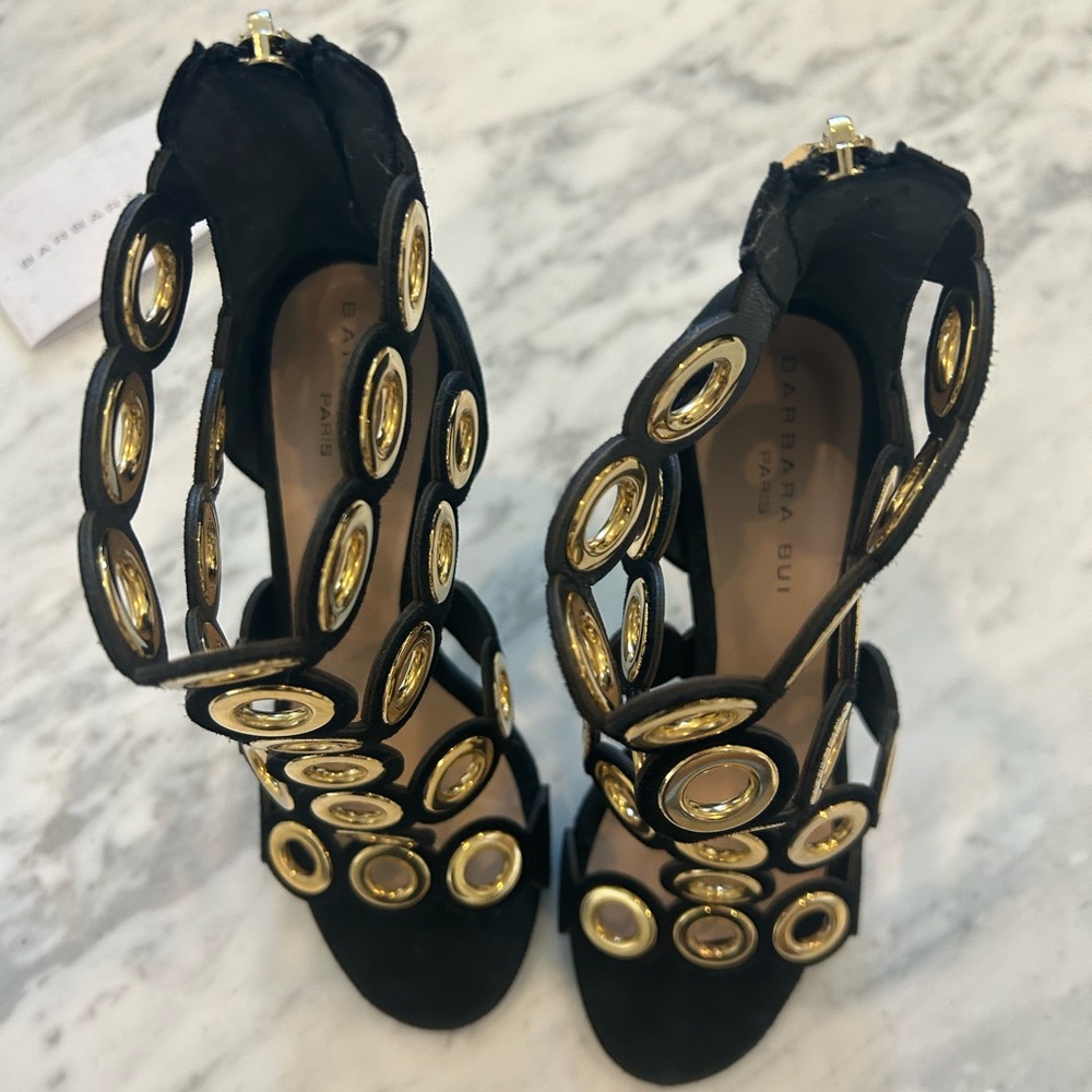 Barbara Bui Black Suede High Heels with Gold Eyelet Rings - Picture 4 of 5